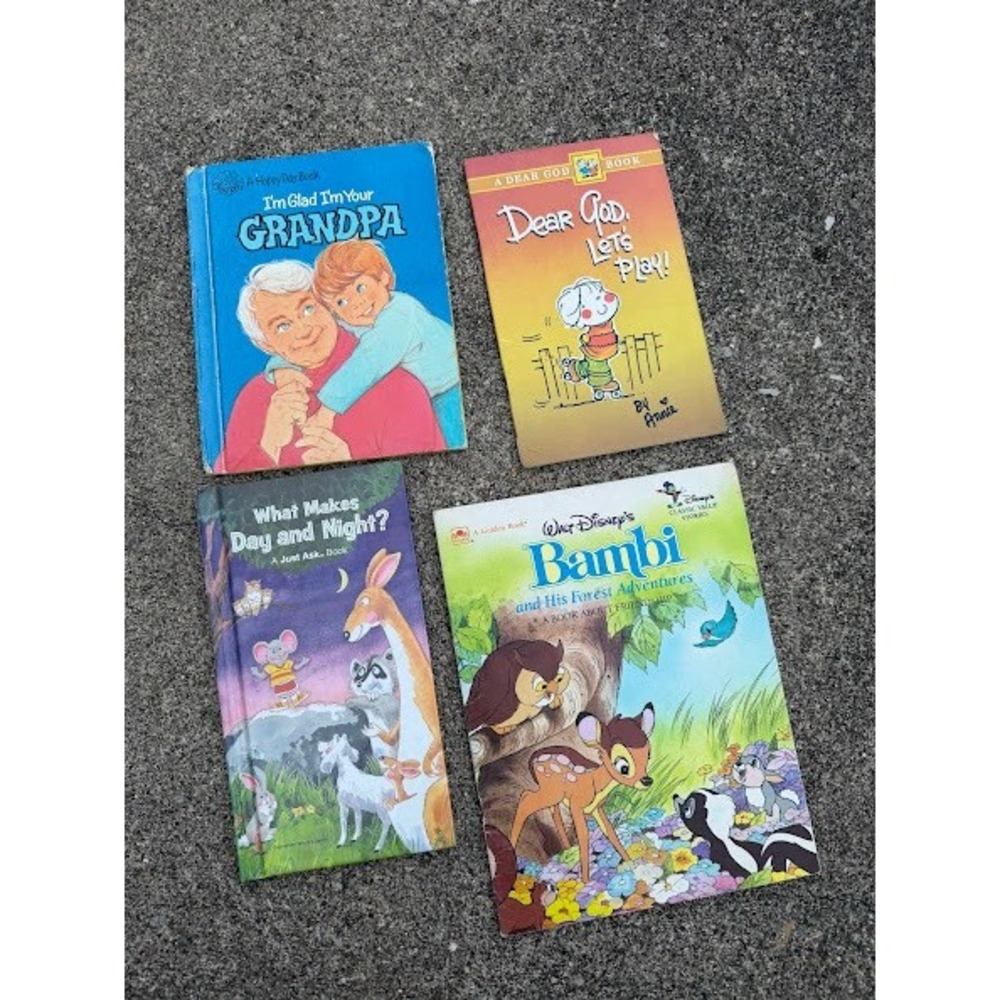 Vintage Childrens Book Lot Disney Bambi Golden Book Happy Day Dear God 4 Books